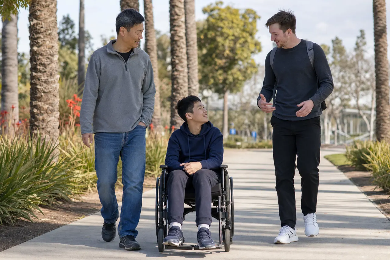 A father and a support worker walk through a park with a teenager who uses a wheelchair, all three talking and smiling.