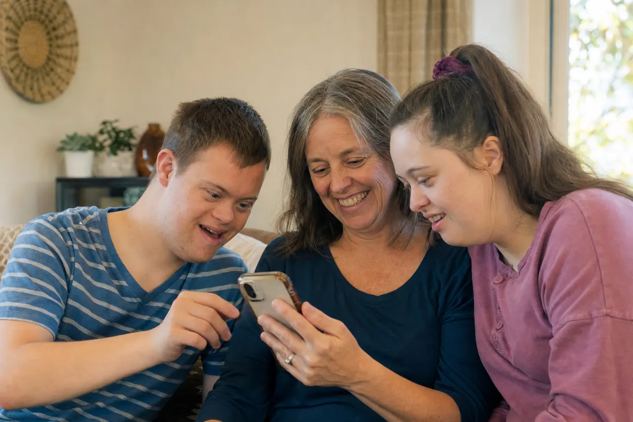 A mother and her two adult children look at a phone together on the sofa.