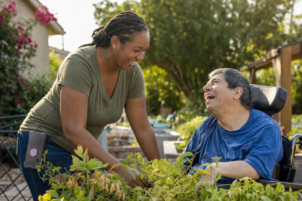 A support worker and the man she supports laugh together in his garden.